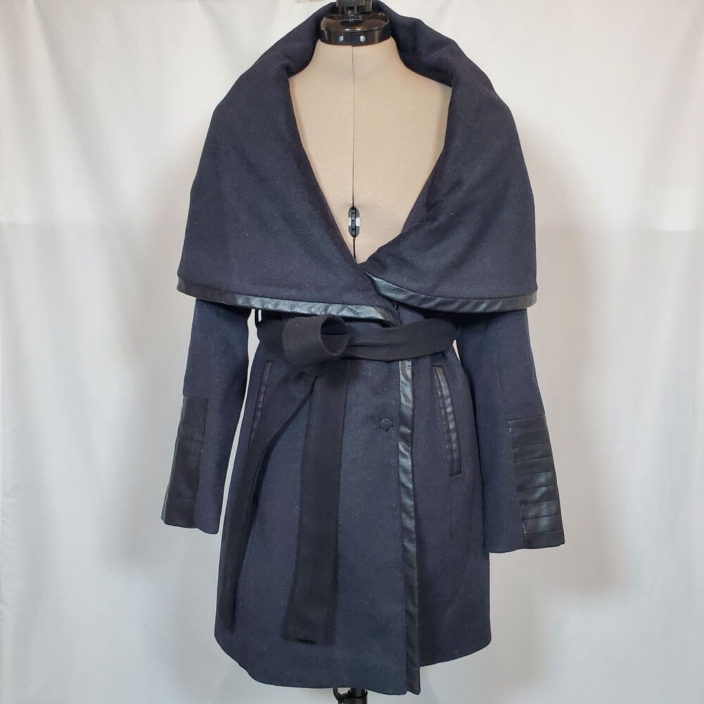 Via Spiga Women's Coat Size 2 Gray Black Wool Blend Fit & Flare Faux Leather